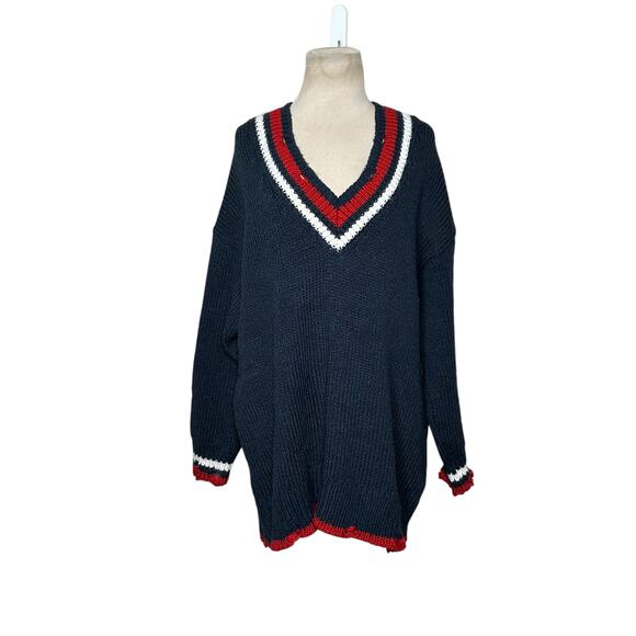ZARA blue red white trim distressed chunky knit oversized sweater size medium - Picture 1 of 12